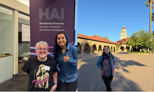 Shaun Kane (from Google) and Arnavi in front of an HAI banner and a second picture showing Arnavi standing on the Stanford campus