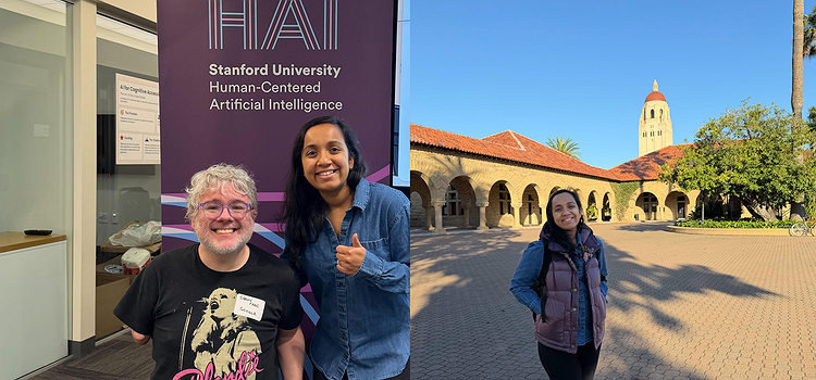 Shaun Kane (from Google) and Arnavi in front of an HAI banner and a second picture showing Arnavi standing on the Stanford campus