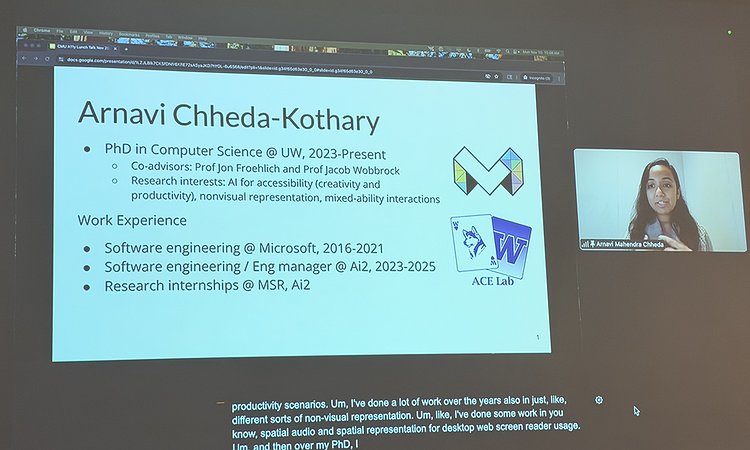Arnavi presenting her bio slide at CMU talk