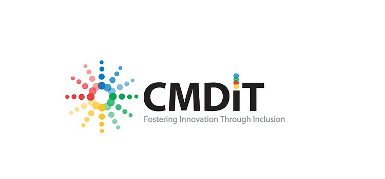 A picture of the CMD-IT logo, which has a starburst-like shape colored sequentially in red, blue, green, and yellow along with text that says: "CMD-IT: Fostering Innovation Through Inclusion"