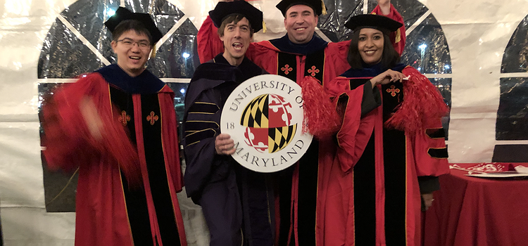 Ruofei Du, Lee Stearns, and Meethu Malu celebrating their newly minted PhDs with Professor Froehlich.