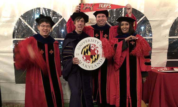 Ruofei Du, Lee Stearns, and Meethu Malu celebrating their newly minted PhDs with Professor Froehlich.