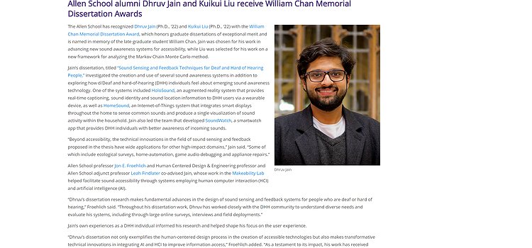 A screenshot of the Allen School news story showing a picture of Dhruv