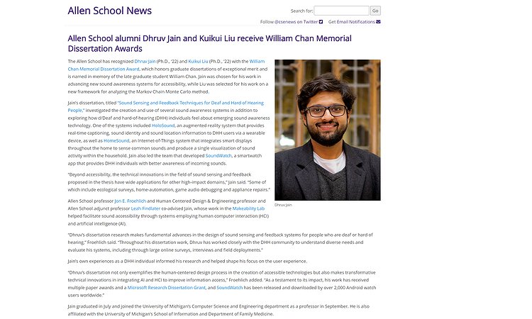 A screenshot of the Allen School news story showing a picture of Dhruv