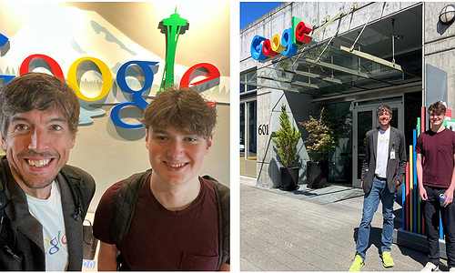 Showing high school intern, John O'Meara, and Jon Froehlich standing outside Google
