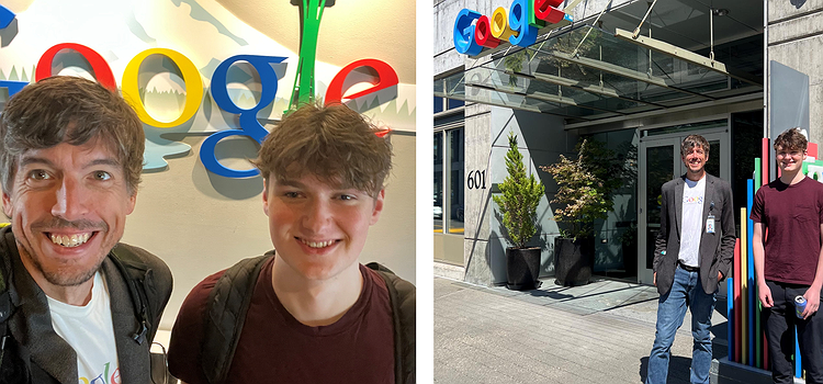 Showing high school intern, John O'Meara, and Jon Froehlich standing outside Google