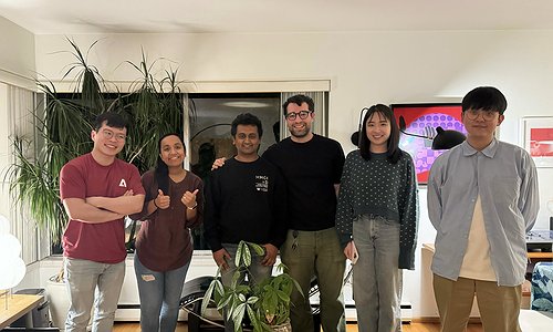 A picture of Makeability Lab PhD students standing from left-to-right: Xia, Arnavi, Minchu, Daniel, Chu, and Jae
