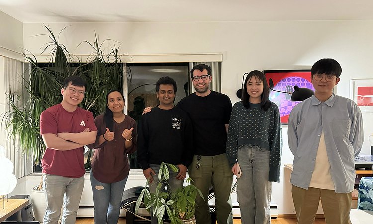A picture of Makeability Lab PhD students standing from left-to-right: Xia, Arnavi, Minchu, Daniel, Chu, and Jae