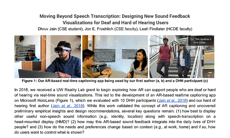 Screenshot of the front page of our proposal showing the title and three figures of rendering sound feedback in an AR display