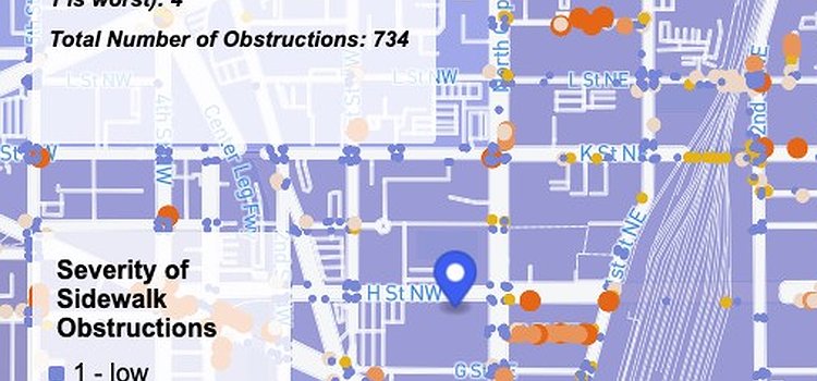 A screenshot showing a top-down map of Barbara Moreno's Project Sidewalk visualization tool