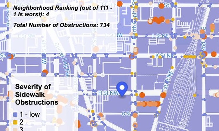 A screenshot showing a top-down map of Barbara Moreno's Project Sidewalk visualization tool