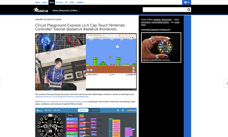A screenshot of the Adafruit webpage featuring the Physical Computing website