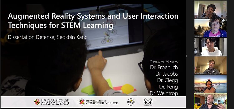 A screenshot of the opening slide of Seokbin Kang's PhD defense showing a picture of PrototypAR and some of the committee members