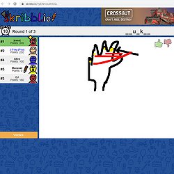 A screenshot of Skribbl.io, a drawing + guessing game. The image shows a person drawing an object with a mouse and four video feeds of the game players.