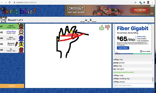 A screenshot of Skribbl.io, a drawing + guessing game. The image shows a person drawing an object with a mouse and four video feeds of the game players.