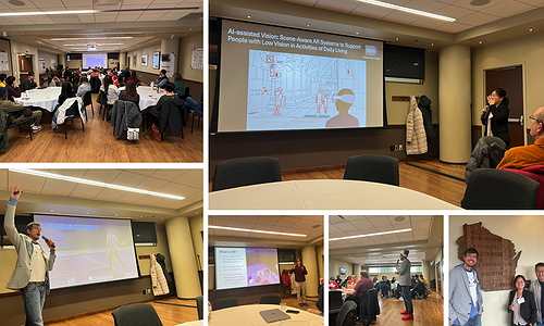 A collage of photos from the AI Assisted workshop showing talks by students and faculty