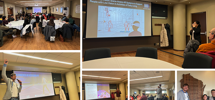 A collage of photos from the AI Assisted workshop showing talks by students and faculty