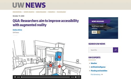 A screenshot of the UW News page with the title "Q&A: Researchers aim to improve accessibility with augmented reality"