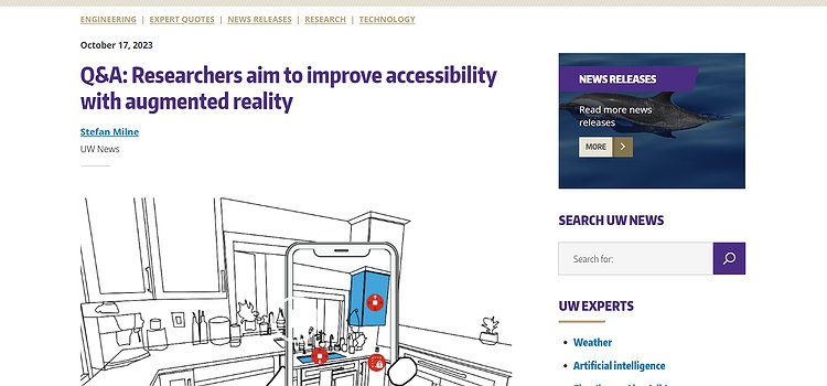 A screenshot of the UW News page with the title "Q&A: Researchers aim to improve accessibility with augmented reality"