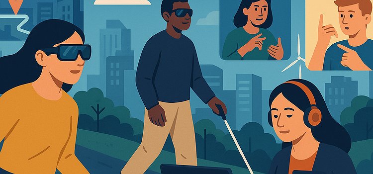 An image of people with disabilities using different technologies