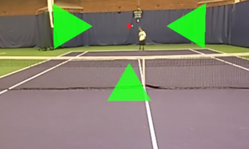 Tennis ball is covered by a red dot and surrounded by four green arrows forming a crosshair.