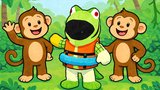 AI-generated photo of a frog wearing a life vest and two brown monkeys smiling and waving in a green forest.