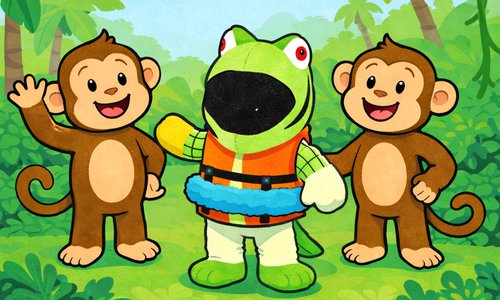 AI-generated photo of a frog wearing a life vest and two brown monkeys smiling and waving in a green forest.