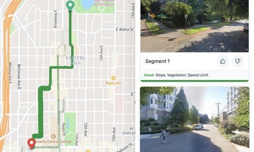 A route on a map with a menu on the side showing a streetview image and some details about the route segment, including bike lanes, sidewalks, and speed limits.