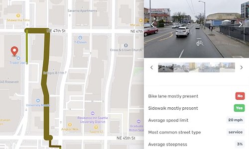 A route on a map with a menu on the side showing a streetview image and some details about the route segment, including bike lanes, sidewalks, and speed limits.