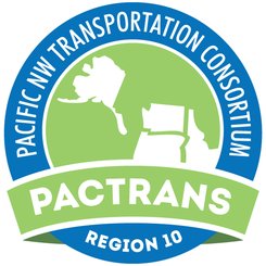 PacTrans logo showing a map of the Pacific Northwest enclosed in a circle surrounded by a blue ring and white text that says "Pacific NW Transportation Consortium". There is a banner that says "PacTrans" overlaid.