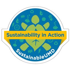 The Sustainable UMD logo showing a green turtle with a leaf for a shell swimming in a blue circle and a yellow overlaid banner that says "Sustainability in Action"