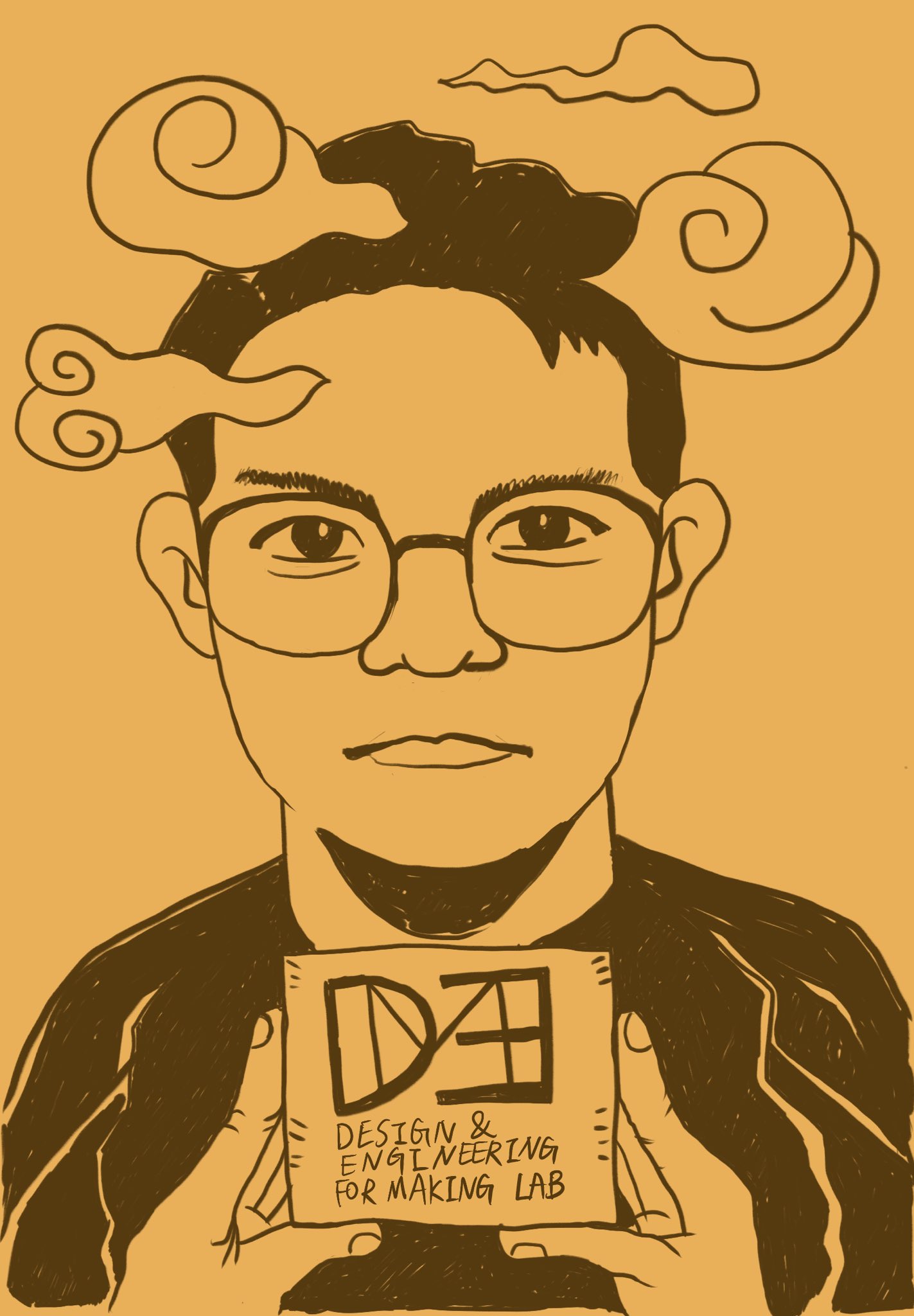 A sketch of Liang holding a sign that has the De4m Lab log