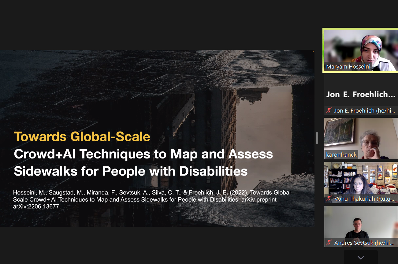 A screenshot of the Zoom PhD dissertation showing the intro slide for our work together entitled "Towards Global-Scale Crowd+AI Techniques to Map and Assess Sidewalks for People with Disabilities"