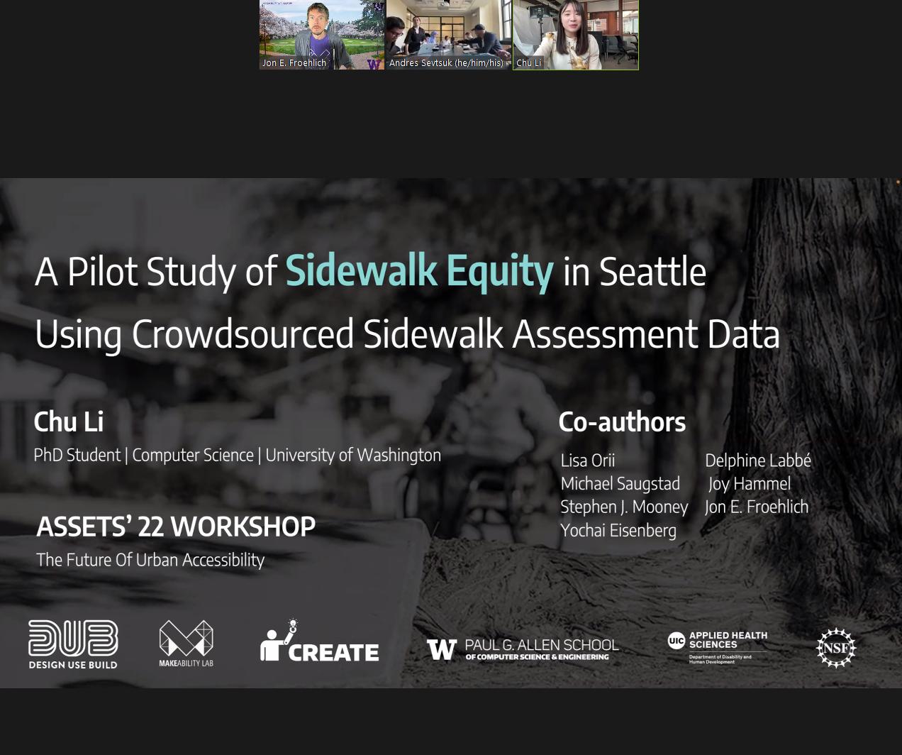 A Zoom screenshot showing Chu giving her talk on sidewalk equity in Seattle