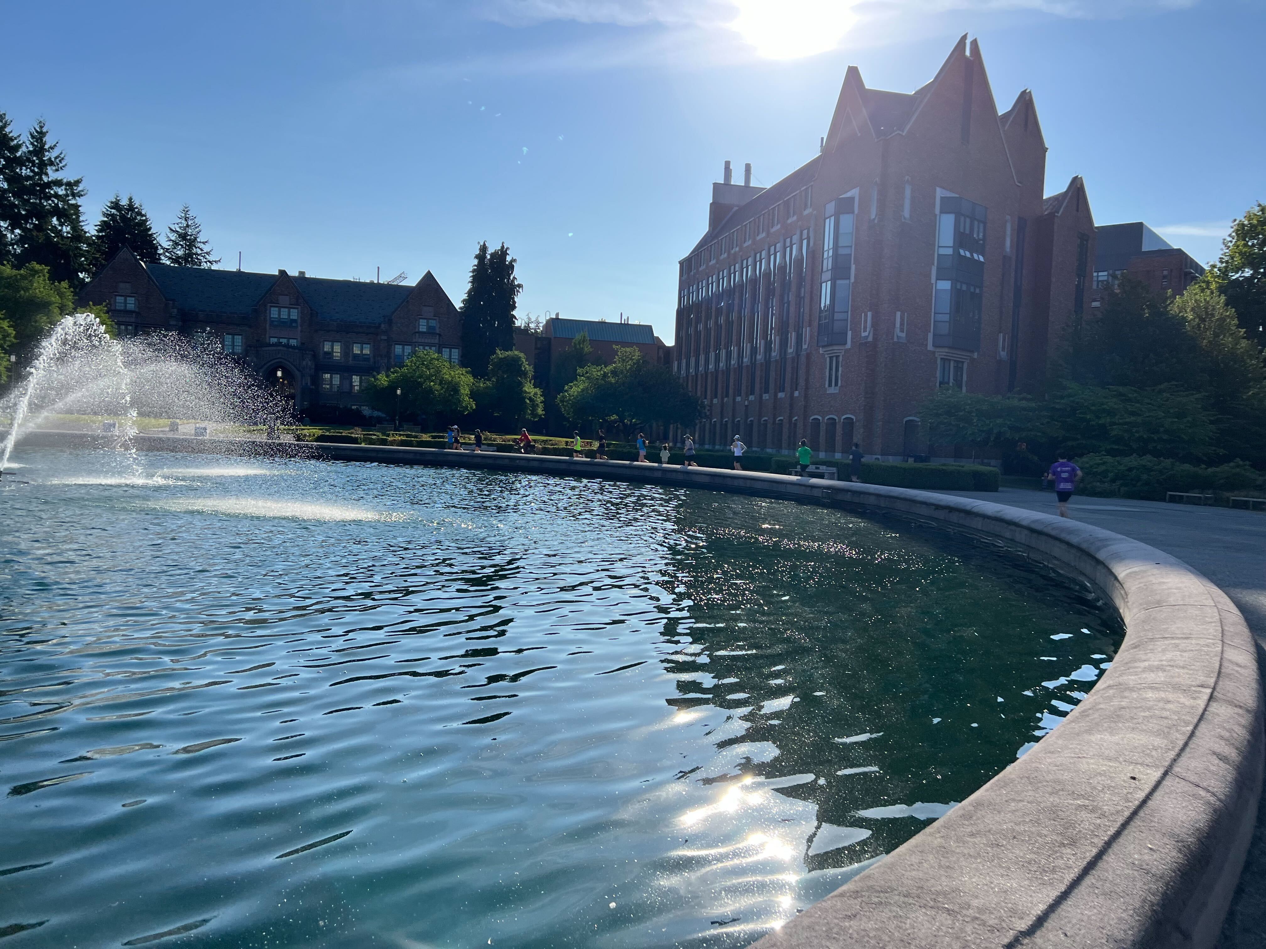 A picture of the group running around the fountain