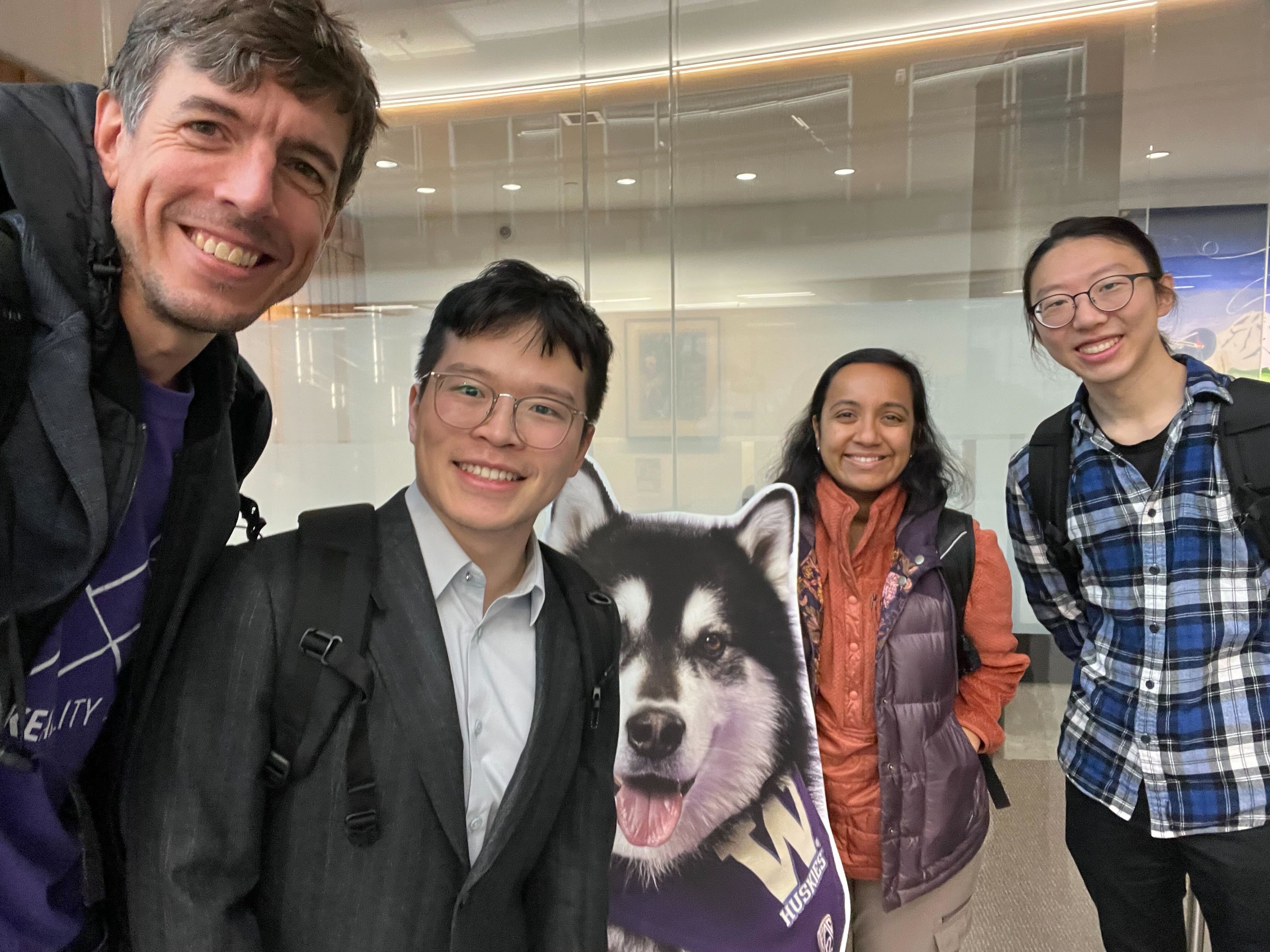 A picture of Jon, Xia, DUBs (the husky dog), Arnavi, and Jared